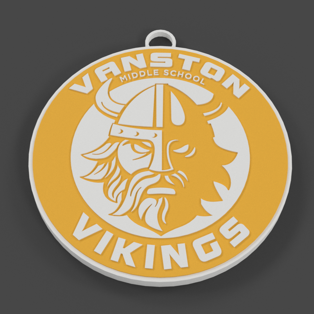 Round emblem with 'Vanston Vikings' text and logo on a dark gray background