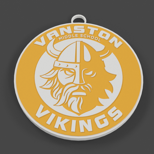 Round emblem with 'Vanston Vikings' text and logo on a dark gray background
